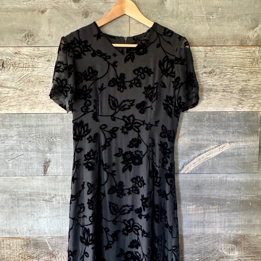 Vintage Floral Velvet Burnout‎ Midi Dress 6 Black Fairy Grunge Whimsigoth Event